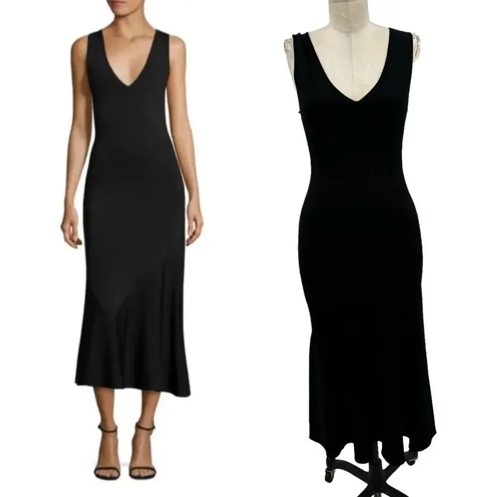 Theory Gardella Lustrate Stretch Knit V-neck Midi Black Dress Size XS